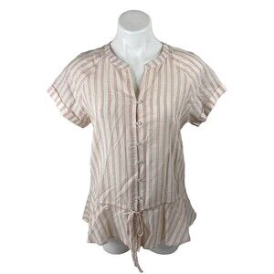 Cotton Bleu Women Small Striped Button Front Blouse Drawstring Waist White Pink